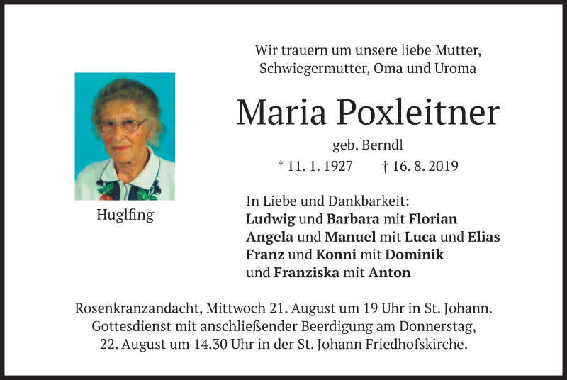 Traueranzeige für Maria Poxleitner vom 19.08.2019 aus merkurtz