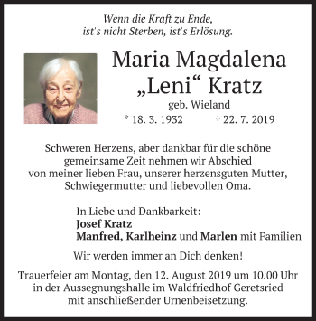 Traueranzeige von Maria Magdalena Kratz von merkurtz