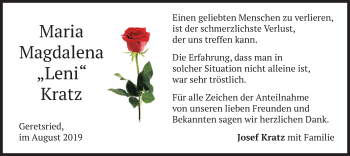 Traueranzeige von Maria Magdalena Kratz von merkurtz