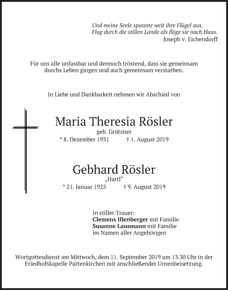Traueranzeigen von Maria Theresia und Gebhard Rösler | trauer.merkur.de