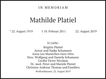 Traueranzeige von Mathilde Platiel von merkurtz