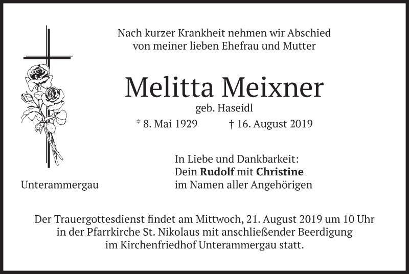  Traueranzeige für Melitta Meixner vom 19.08.2019 aus merkurtz