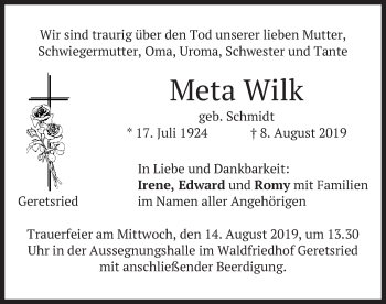 Traueranzeige von Meta Wilk von merkurtz