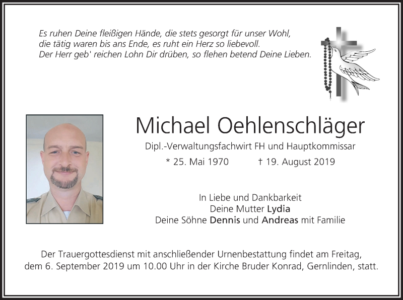  Traueranzeige für Michael Oehlenschläger vom 31.08.2019 aus merkurtz