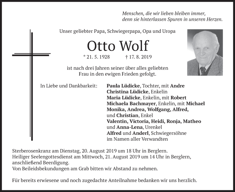 Traueranzeige für Otto Wolf vom 19.08.2019 aus merkurtz