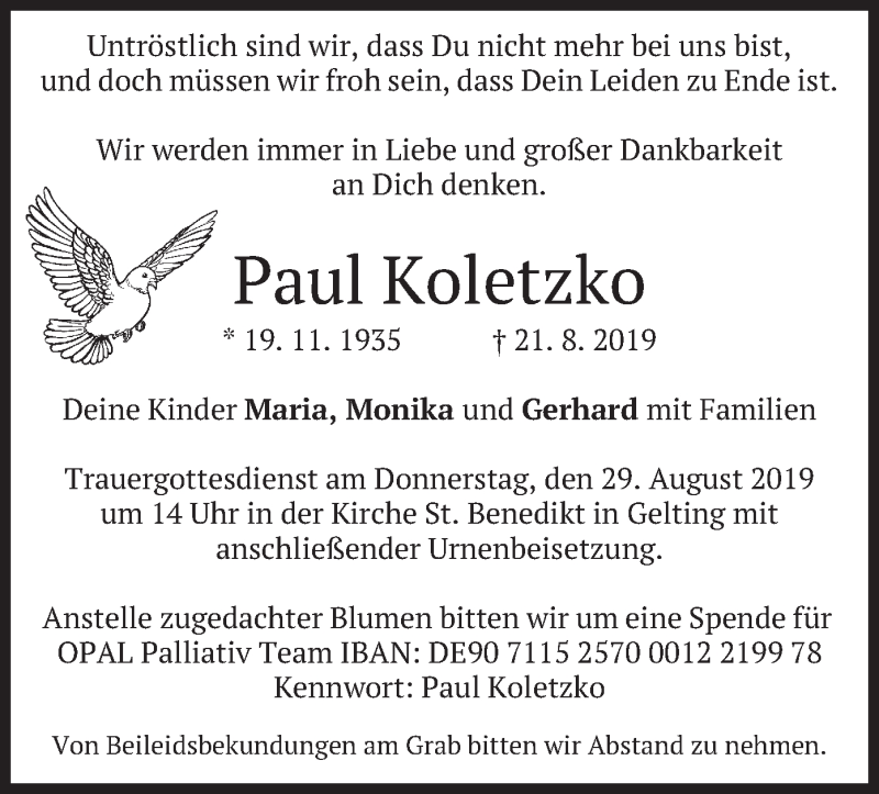  Traueranzeige für Paul Koletzko vom 26.08.2019 aus merkurtz