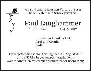 Traueranzeige von Paul Langhammer von merkurtz