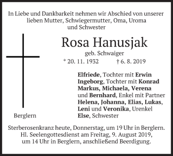 Traueranzeige von Rosa Hanusjak von merkurtz