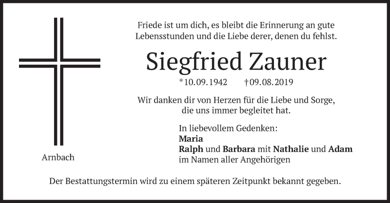  Traueranzeige für Siegfried Zauner vom 12.08.2019 aus merkurtz