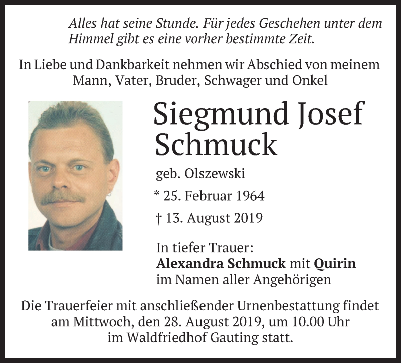  Traueranzeige für Siegmund Josef Schmuck vom 19.08.2019 aus merkurtz
