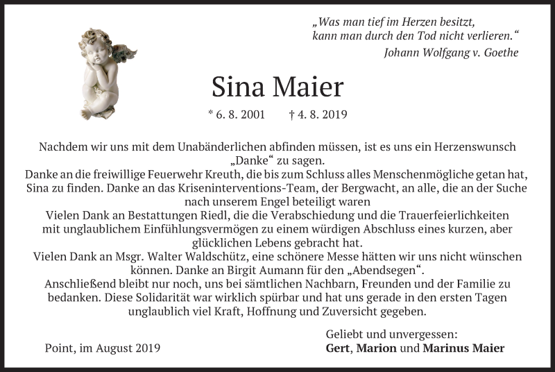  Traueranzeige für Sina Maier vom 24.08.2019 aus merkurtz