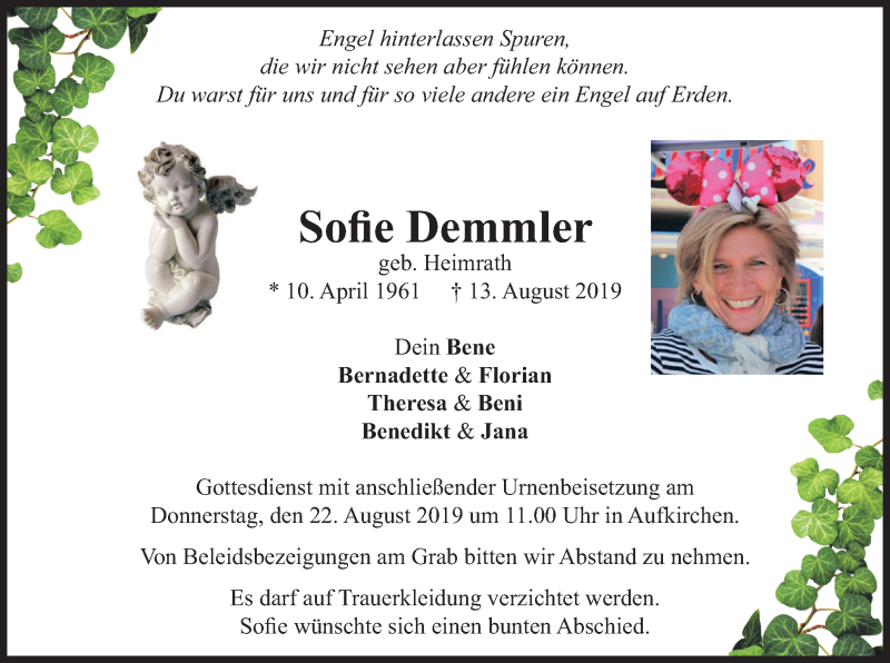  Traueranzeige für Sofie Demmler vom 17.08.2019 aus merkurtz