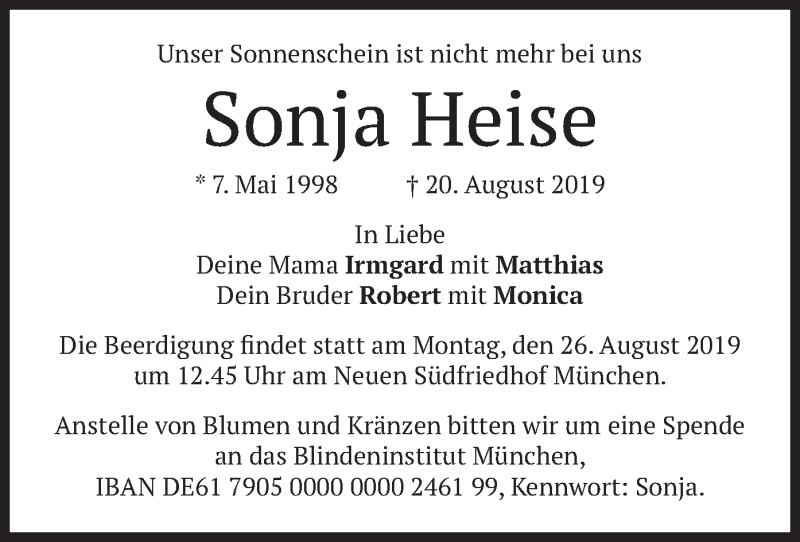  Traueranzeige für Sonja Heise vom 24.08.2019 aus merkurtz