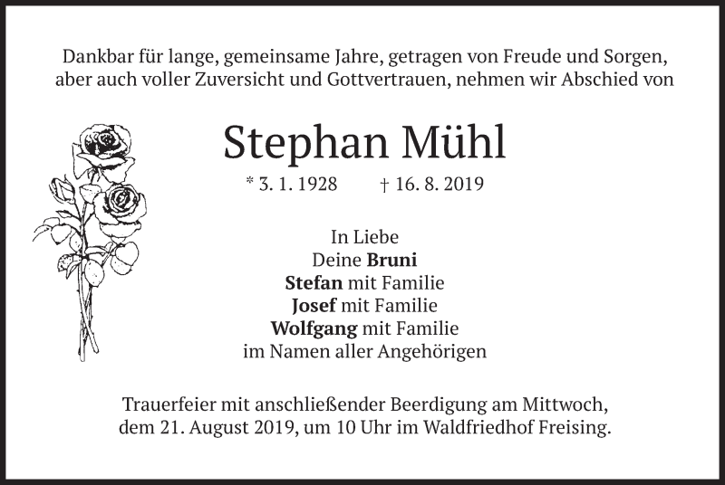  Traueranzeige für Stephan Mühl vom 19.08.2019 aus merkurtz