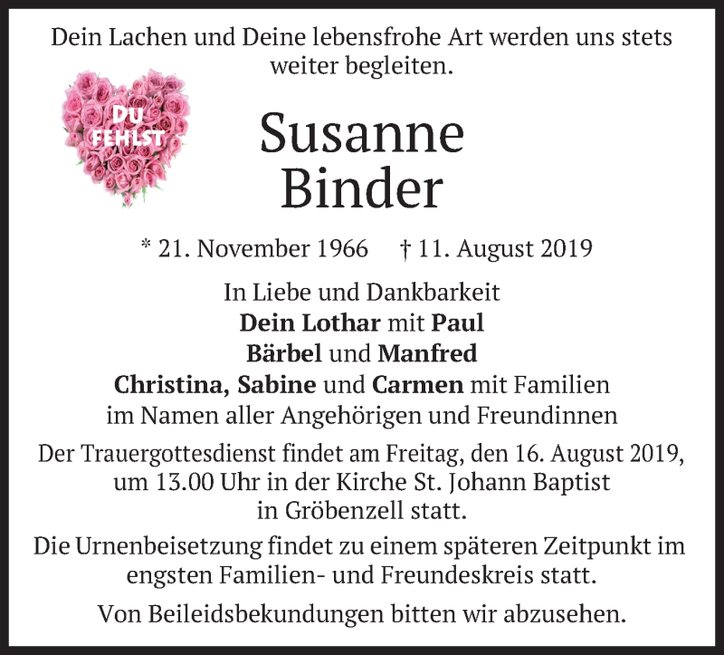  Traueranzeige für Susanne Binder vom 14.08.2019 aus merkurtz
