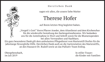Traueranzeige von Therese Hofer von merkurtz
