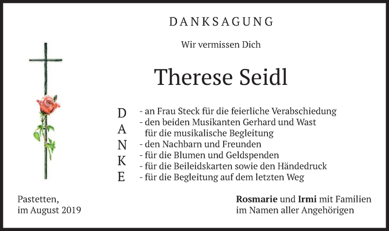  Traueranzeige für Therese Seidl vom 03.08.2019 aus merkurtz