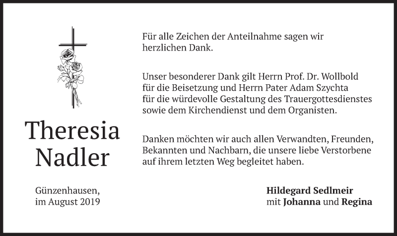  Traueranzeige für Theresia Nadler vom 10.08.2019 aus merkurtz