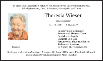 Traueranzeige von Theresia Wieser von merkurtz