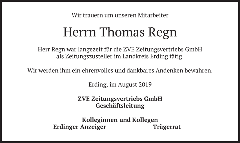  Traueranzeige für Thomas Regn vom 17.08.2019 aus merkurtz