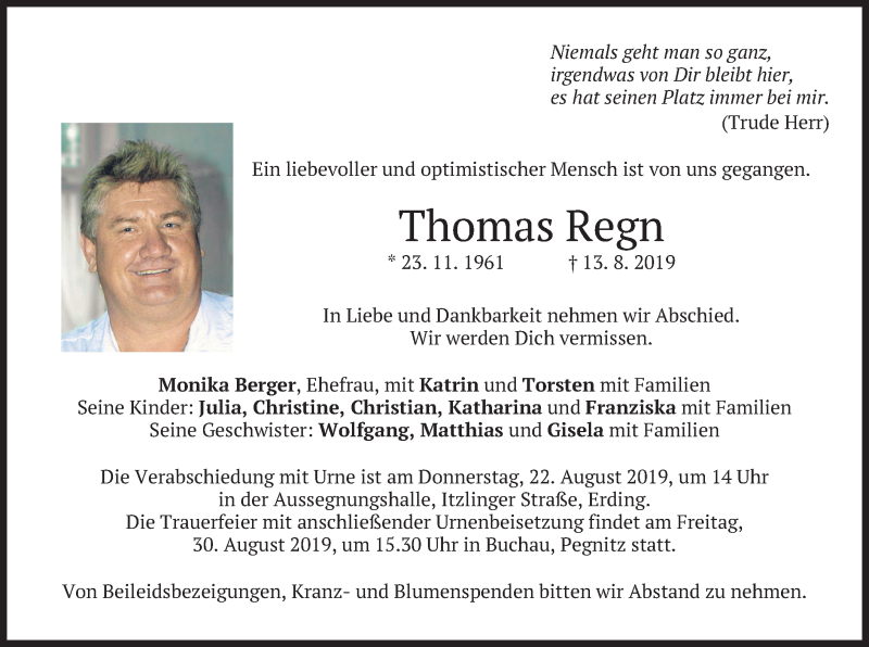  Traueranzeige für Thomas Regn vom 17.08.2019 aus merkurtz