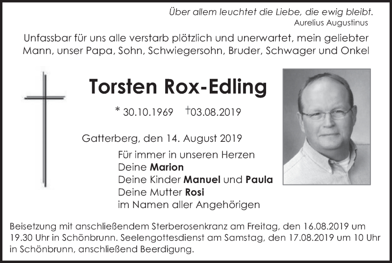  Traueranzeige für Torsten Rox-Edling vom 14.08.2019 aus merkurtz