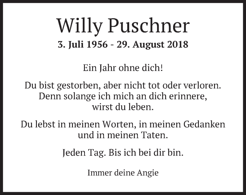  Traueranzeige für Willy Puschner vom 29.08.2019 aus merkurtz