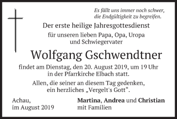 Traueranzeige von Wolfgang Gschwendtner von merkurtz