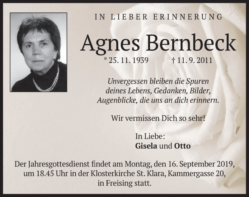  Traueranzeige für Agnes Bernbeck vom 11.09.2019 aus merkurtz