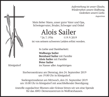 Traueranzeige von Alois Sailer von merkurtz