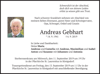 Traueranzeige von Andreas Gehhart von merkurtz