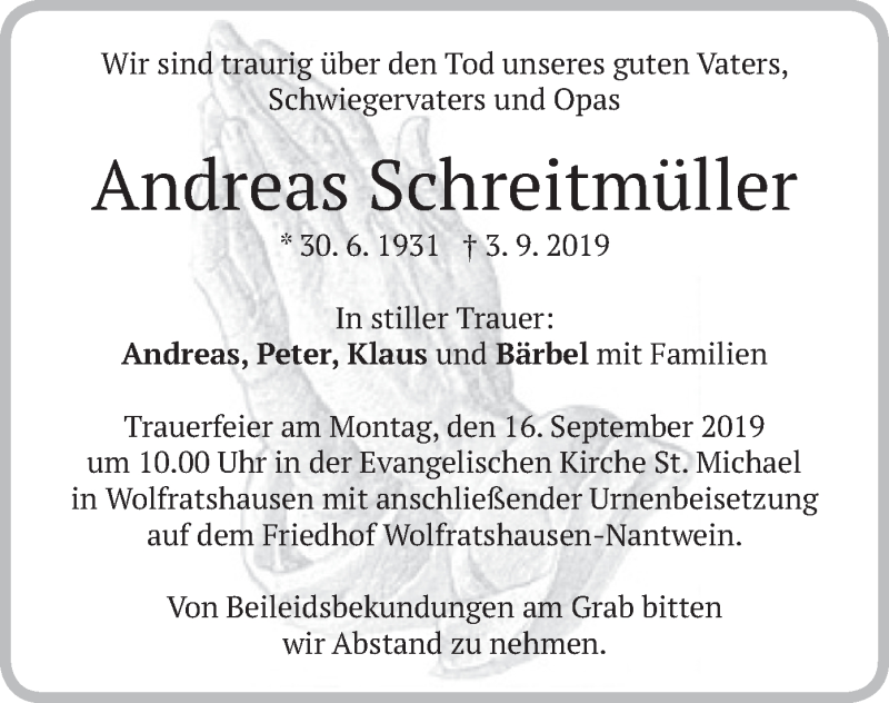  Traueranzeige für Andreas Schreitmüller vom 13.09.2019 aus merkurtz