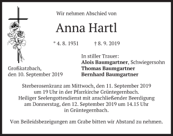 Traueranzeige von Anna Hartl von merkurtz