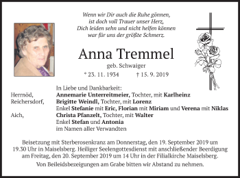 Traueranzeige von Anna Tremmel von merkurtz