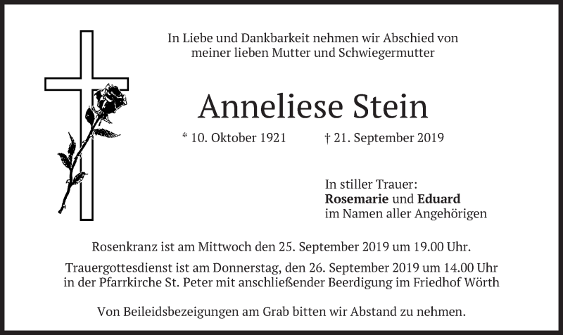  Traueranzeige für Anneliese Stein vom 24.09.2019 aus merkurtz