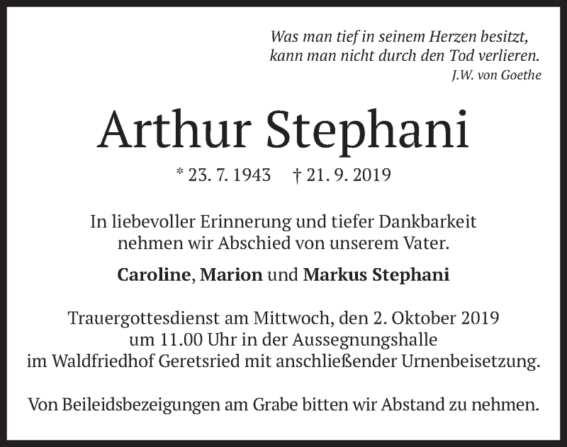  Traueranzeige für Arthur Stephani vom 26.09.2019 aus merkurtz