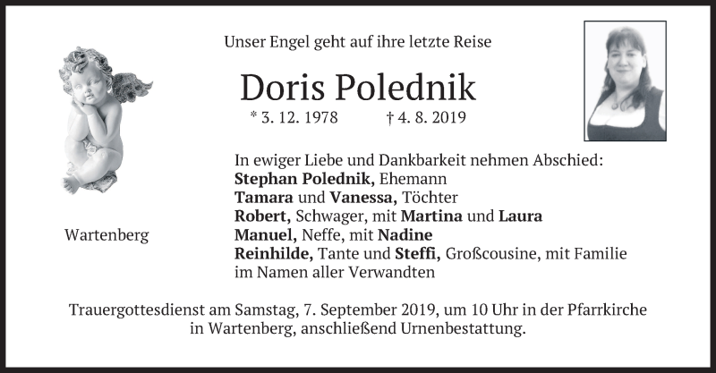  Traueranzeige für Doris Polednik vom 04.09.2019 aus merkurtz