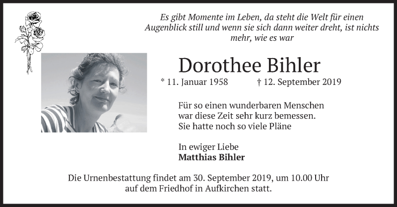  Traueranzeige für Dorothee Bihler vom 27.09.2019 aus merkurtz