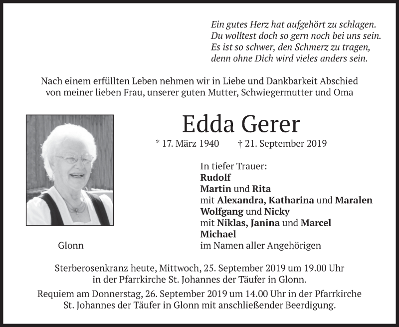  Traueranzeige für Edda Gerer vom 25.09.2019 aus merkurtz