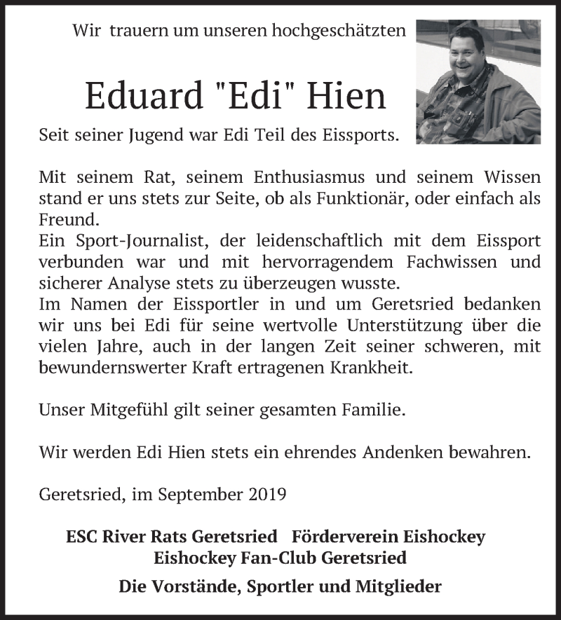  Traueranzeige für Eduard Hien vom 14.09.2019 aus merkurtz