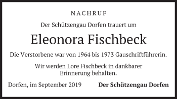 Traueranzeige von Eleonora Fischbeck von merkurtz