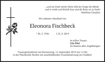 Traueranzeige von Eleonora Fischbeck von merkurtz