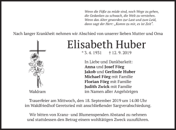 Traueranzeige von Elisabeth Huber von merkurtz