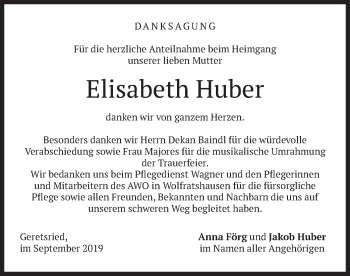 Traueranzeige von Elisabeth Huber von merkurtz
