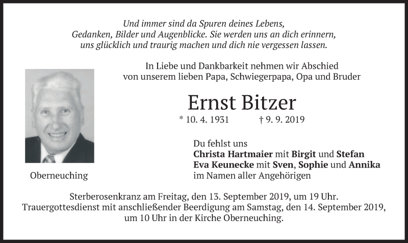 Traueranzeige für Ernst Bitzer vom 11.09.2019 aus merkurtz