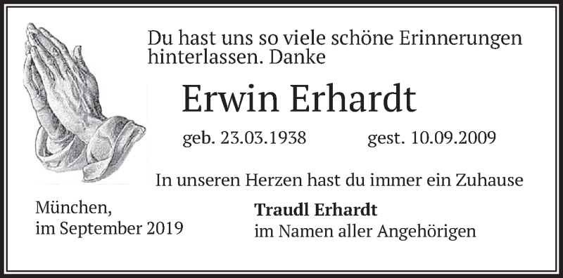  Traueranzeige für Erwin Erhardt vom 10.09.2019 aus merkurtz