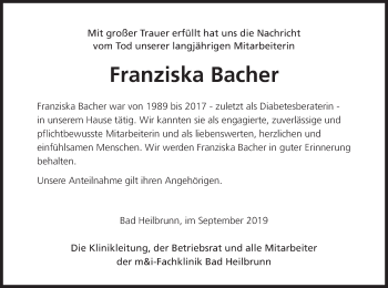 Traueranzeige von Franziska Bacher von merkurtz