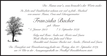 Traueranzeige von Franziska Bacher von merkurtz