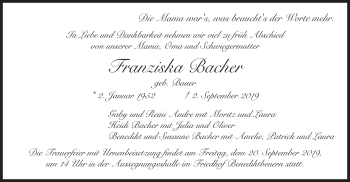 Traueranzeige von Franziska Bacher von merkurtz