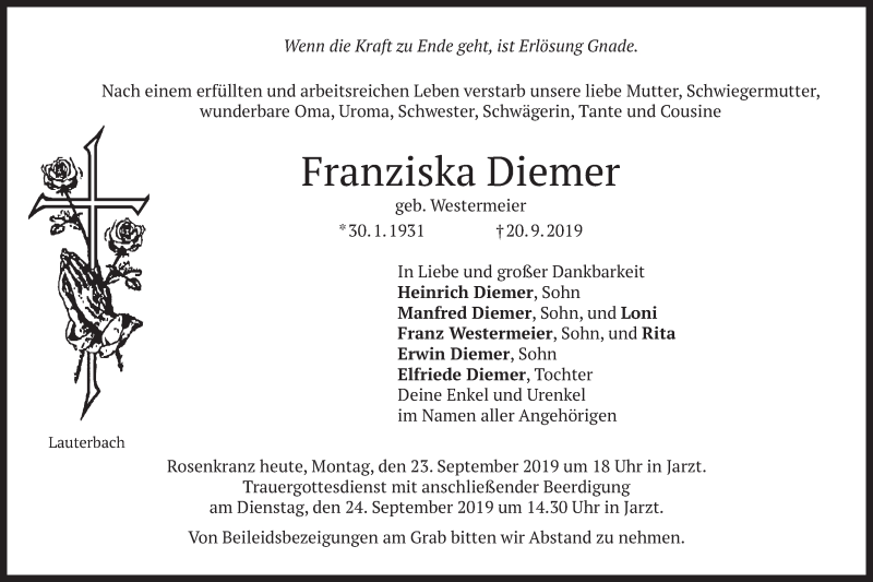  Traueranzeige für Franziska Diemer vom 23.09.2019 aus merkurtz